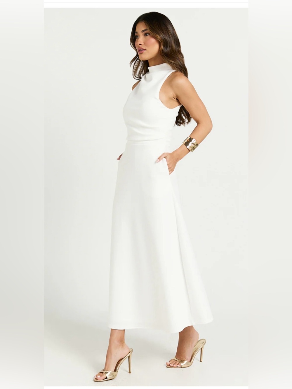 NWT Showpo MACY Off White High-Neck A-line Midi Dress with pockets Sz 2 - Picture 3 of 10